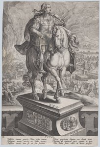 Plaat 11: ruiterstandbeeld van Titus, driekwart naar rechts gezien, Mount Vesuv..., ca. 1587-89 door Adriaen Collaert