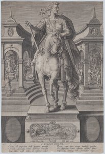 Plaat 1: ruiterstandbeeld van Julius Caesar, gezien van voren, met een scène van een, ca. 1587-89