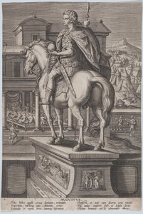 Plaat 2: ruiterstandbeeld van Augustus, met een globe en van achteren gezien, ca. 1587-89