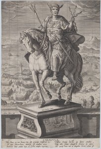 Plaat 4: ruiterstandbeeld van Caligula, driekwart naar links gezien, ca. 1587-89 door Adriaen Collaert