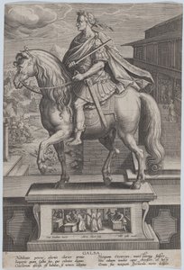 Plaat 7: ruiterstandbeeld van Galba, in profiel naar links, met een onthoofdingsscène, ca. 1587-89 door Adriaen Collaert