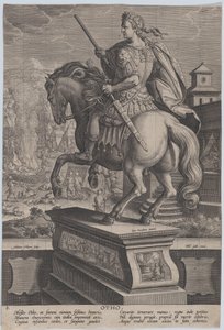 Plaat 8: ruiterstandbeeld van Otho, gezien van achteren, zijn sterfscène op de achtergrond, ca. 1587-89 door Adriaen Collaert