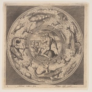 Poseidon, uit een serie ontwerpen voor platen (Fonds de Coupe) door Adriaen Collaert