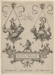 Titelplaat met Twee Hangerontwerpen Boven en Neptunus Staand op een Cartouche Onder, 1582 door Adriaen Collaert