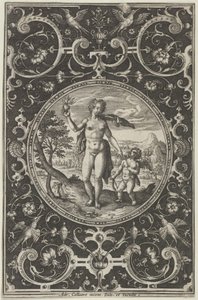 Venus en Cupido in een decoratief kader met grotesken, uit het oordeel van Parijs door Adriaen Collaert