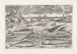 Vier vissen op het strand door Adriaen Collaert