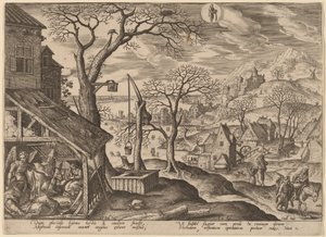 De engel vertelt Jozef te vluchten en de vlucht naar Egypte door Adriaen Collaert after Hans Bol