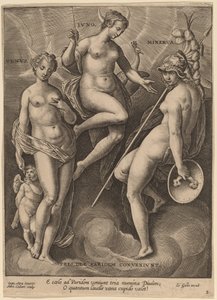 Venus, Juno en Minerva door Adriaen Collaert after Jan van der Straet