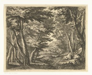 Landschap met drie mannen bij een open plek in het bos door Adriaen Frans Boudewyns