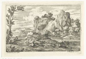 Landschap met grote rots bij een rivier door Adriaen Frans Boudewyns