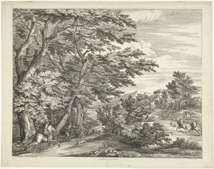 Landschap met hertenjacht door Adriaen Frans Boudewyns