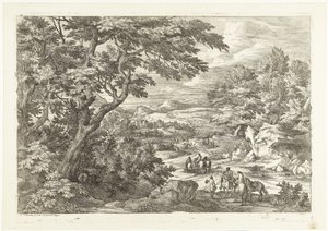 Landschap met jagers op weg naar huis, in de verte een kasteel door Adriaen Frans Boudewyns