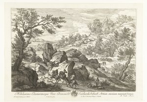 Landschap met ruiters bij rotspartij door Adriaen Frans Boudewyns