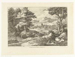 Landschap met twee figuren langs een weg, in de verte een kerk door Adriaen Frans Boudewyns