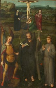De kruisiging met heiligen Michael de Aartsengel, Andreas en Franciscus van Assisi, ca. 1510 door Adriaen Isenbrant