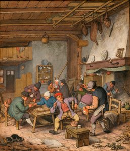 Kamer in een herberg met boeren die drinken, roken en backgammon spelen door Adriaen Jansz. van Ostade