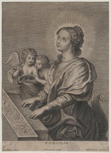 Sint Cecilia speelt orgel met twee putti links