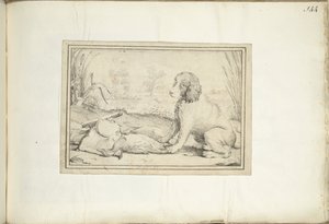 Hond naast jachtuitrusting en buit in landschap door Adriaen Matham (signed by artist)