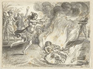 Crematie zoals beoefend door mensen in een ver land door Adriaen Pietersz van de Venne