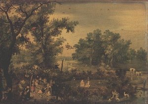 Elegante vrouwen maken muziek in een prieel door Adriaen Pietersz. van de Venne