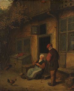 Een Vrouw die Haringen Schoont voor haar Huis