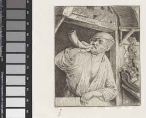 Bakker blaast op een hoorn door Adriaen van Ostade