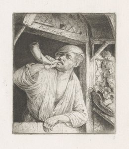 Bakker blaast op een hoorn in een deuropening door Adriaen van Ostade