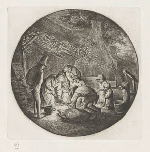Boerenfamilie bij het slachten van een varken door Adriaen van Ostade