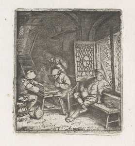 Boereninterieur met tric-trac spelers door Adriaen van Ostade
