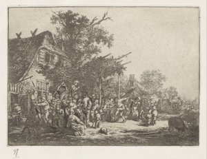 Dansende boeren voor een herberg door Adriaen van Ostade