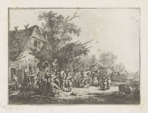 Dansende boeren voor een herberg door Adriaen van Ostade