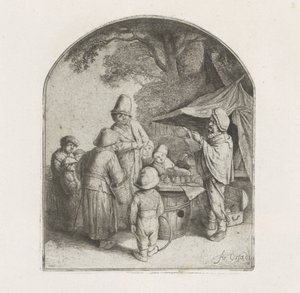 Figuren bij een kraam van een kwakzalver