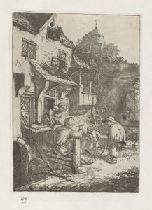 Gebochelde vioolspeler voor een herberg door Adriaen van Ostade