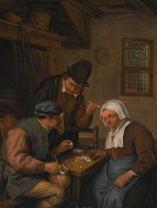 Interieur met kaartspelende boeren door Adriaen van Ostade