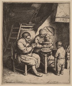 Boerenfamilie biddend voor de maaltijd door Adriaen van Ostade