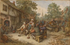 Boerenfeest in een stadsstraat door Adriaen van Ostade