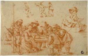 Schetsen van Boeren die Dobbelstenen Spelen en Schaatsen; Schets van Jongen op Slee door Adriaen van Ostade
