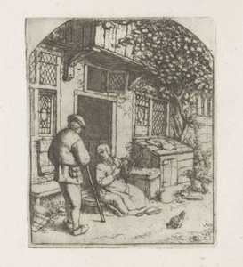 Spinster op de drempel van een huis door Adriaen van Ostade