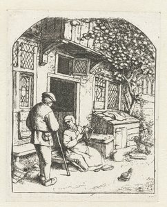 Spinster zittend op de drempel van een huis in gesprek met man door Adriaen van Ostade