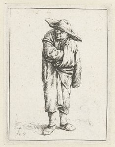 Staande boer met hand en arm in zijn mantel door Adriaen van Ostade