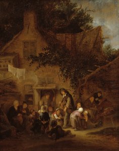 De orgeldraaier buiten een huisje door Adriaen van Ostade