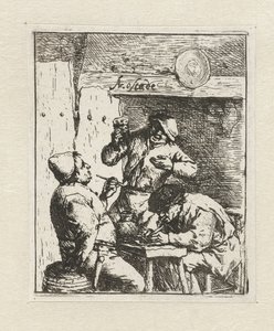 Twee rokers en drinker in herberg door Adriaen van Ostade
