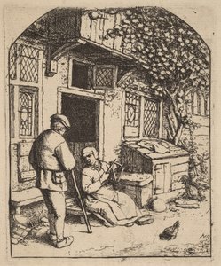 Twee boeren buiten een huis, de vrouw windt wol op door Adriaen van Ostade