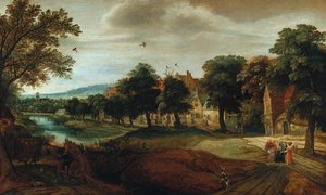 Een Bebost Rivierlandschap met Dorpsgebouwen en Abraham en de Drie Engelen