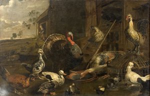 Kippen, eenden en een kalkoenhaan door Adriaen van Utrecht