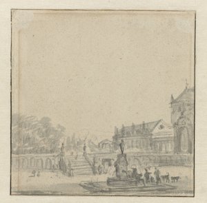 Voorhof van een paleis met een fontein door Adriaen van de Velde (possibly)