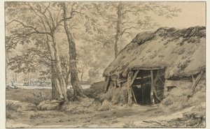 Een hut of schapenstal in het bos door Adriaen van de Velde