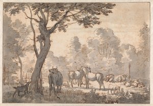 Boomrijk landschap met paarden, koeien en geiten door Adriaen van de Velde