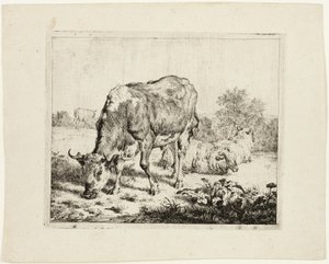 Stier grazend en drie schapen door Adriaen van de Velde