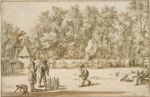 Drie mannen die kegelen door Adriaen van de Velde